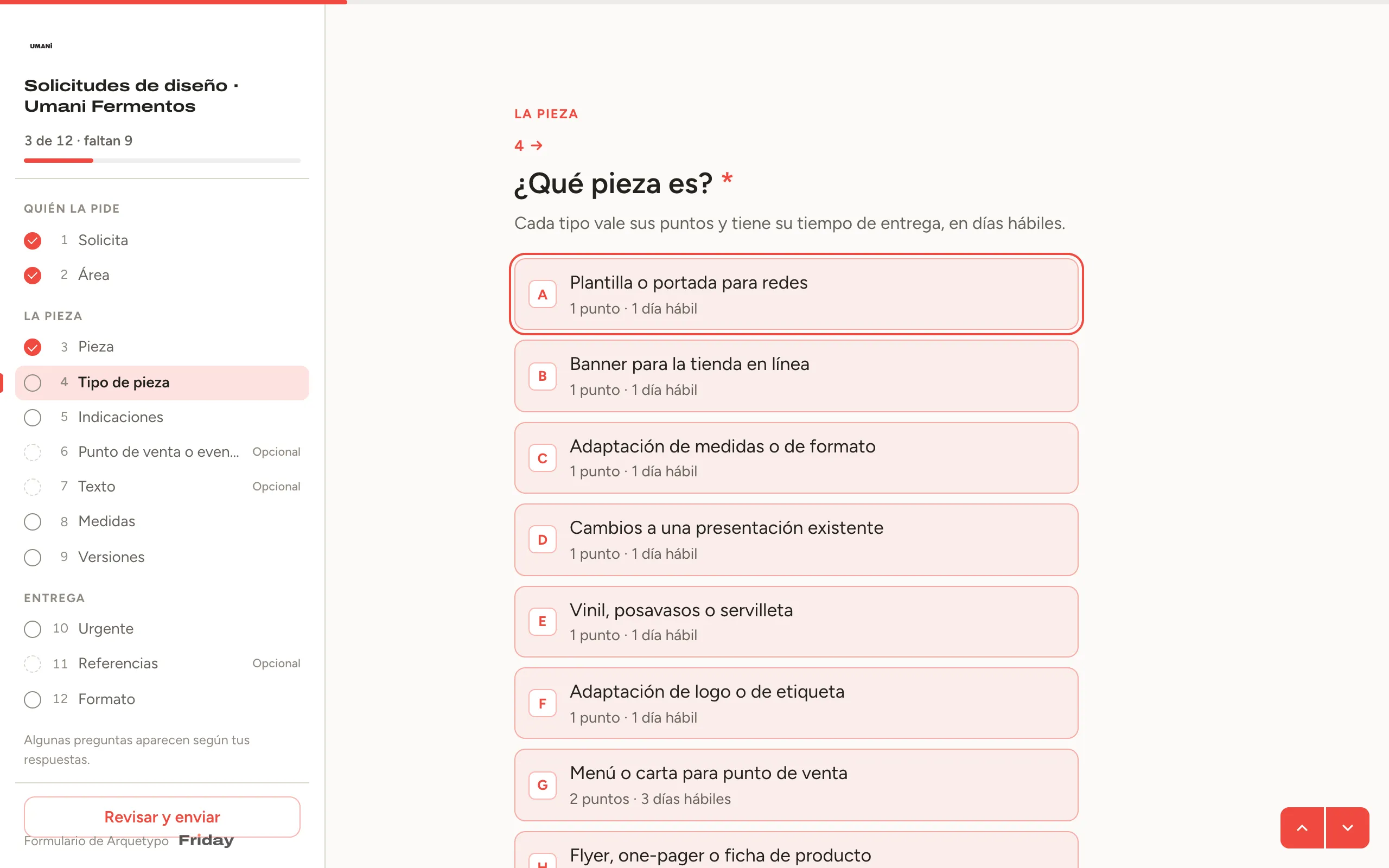 Formulario de solicitudes con los tipos de pieza y sus puntos