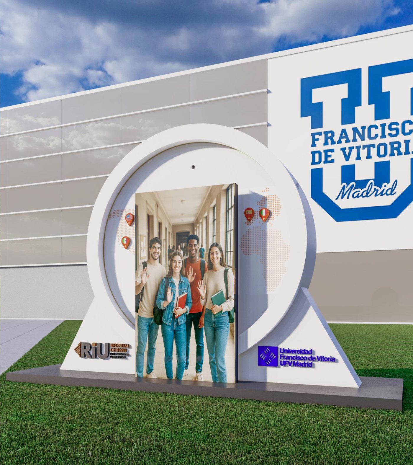 Render del portal RIU instalado en el campus de la Universidad Francisco de Vitoria, Madrid